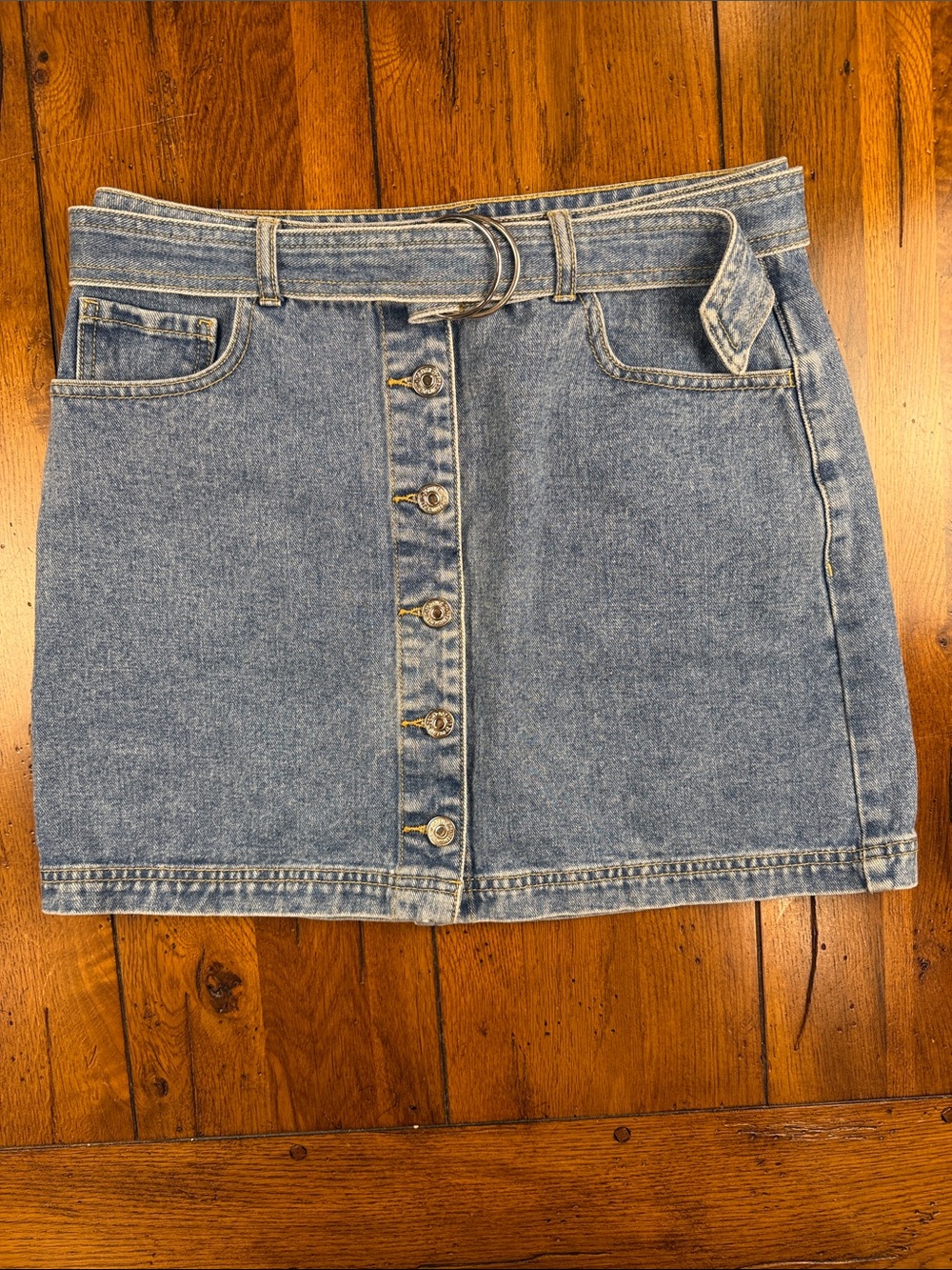 🔥 Forever 21 Belted Denim Mini Skirt Size Medium Boho Festival Cottagecore - Picture 7 of 8